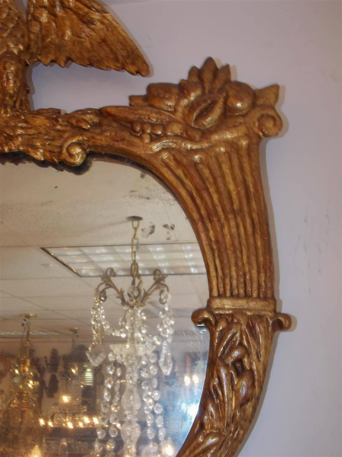 Silvered American Gilt Carved Wood Eagle & Cornucopia Wall Mirror, Circa 1830 For Sale