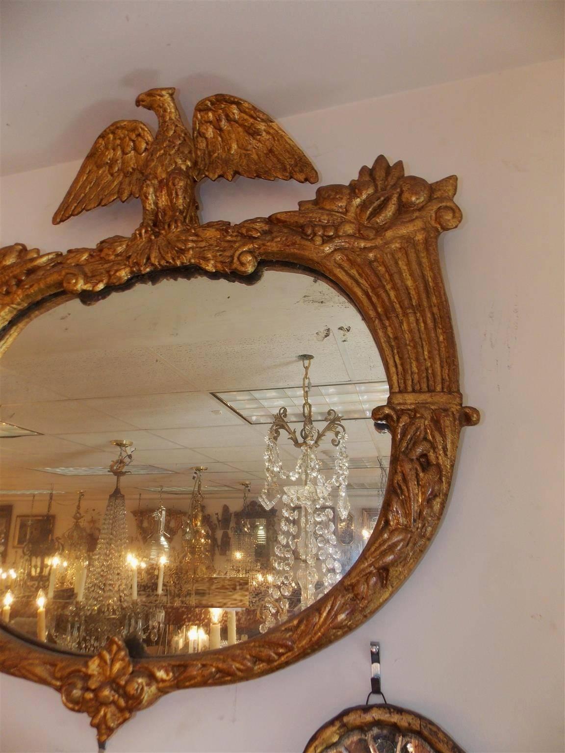 Mid-19th Century American Gilt Carved Wood Eagle & Cornucopia Wall Mirror, Circa 1830 For Sale