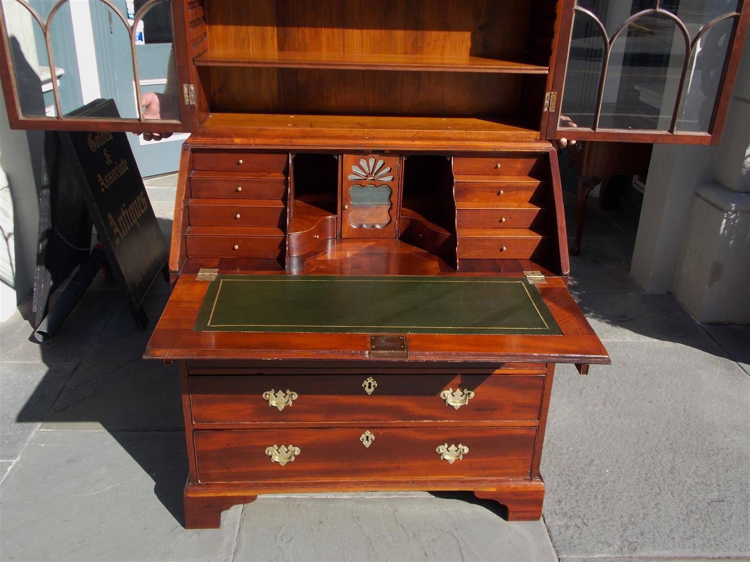 Brass English Chippendale Mahogany Slant Top Secretary with Bookcase, Circa 1765