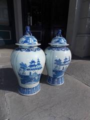 Pair of Chinese Porcelain Glazed Foo Dog Temple Urns, Late 20th Century