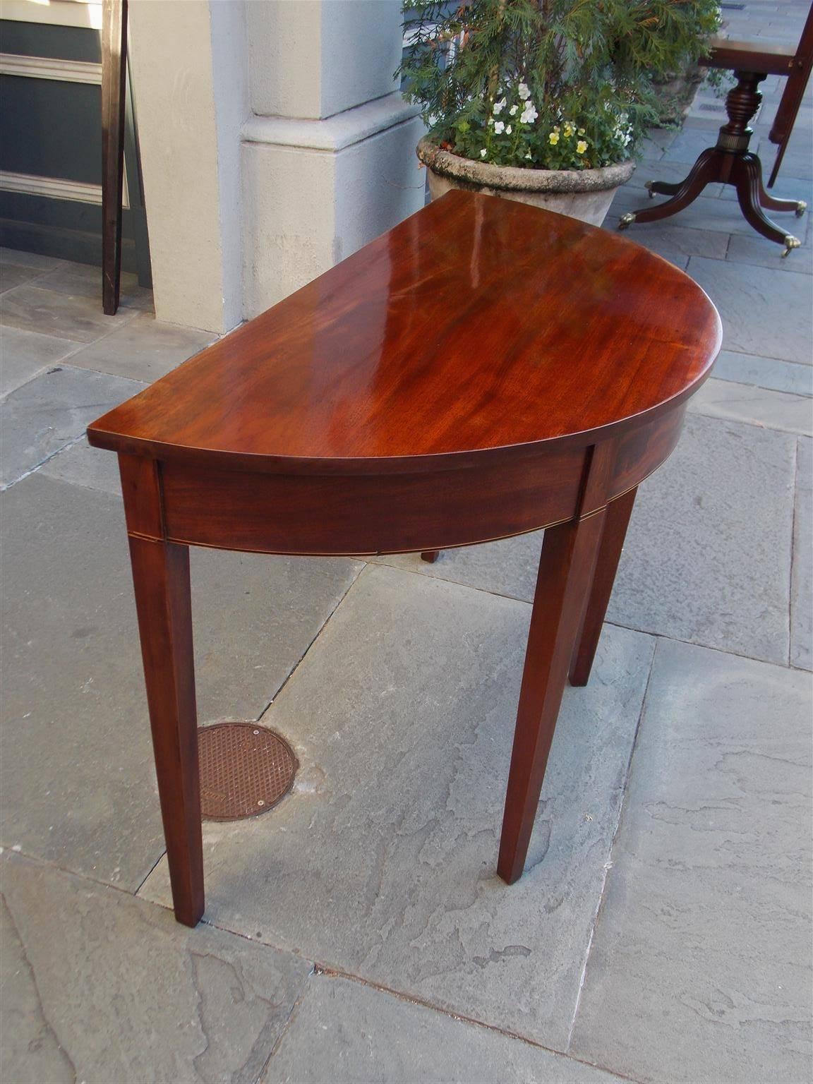 Hand-Carved American Charleston Mahogany Inlaid Demilune Console, Circa 1790