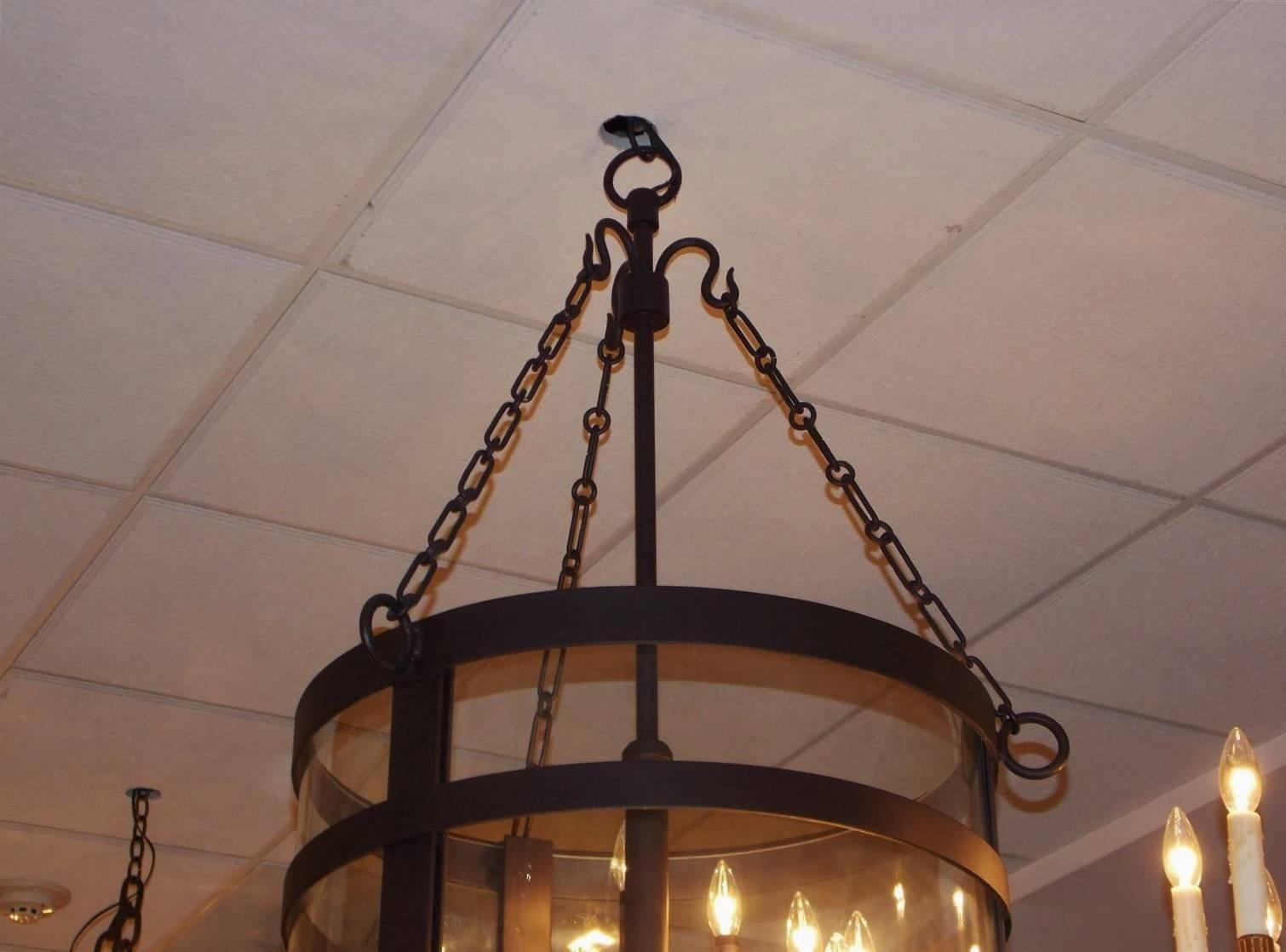 American Cast Iron Cylinder Hanging Glass Lantern, Early 20th Century In Excellent Condition For Sale In Hollywood, SC