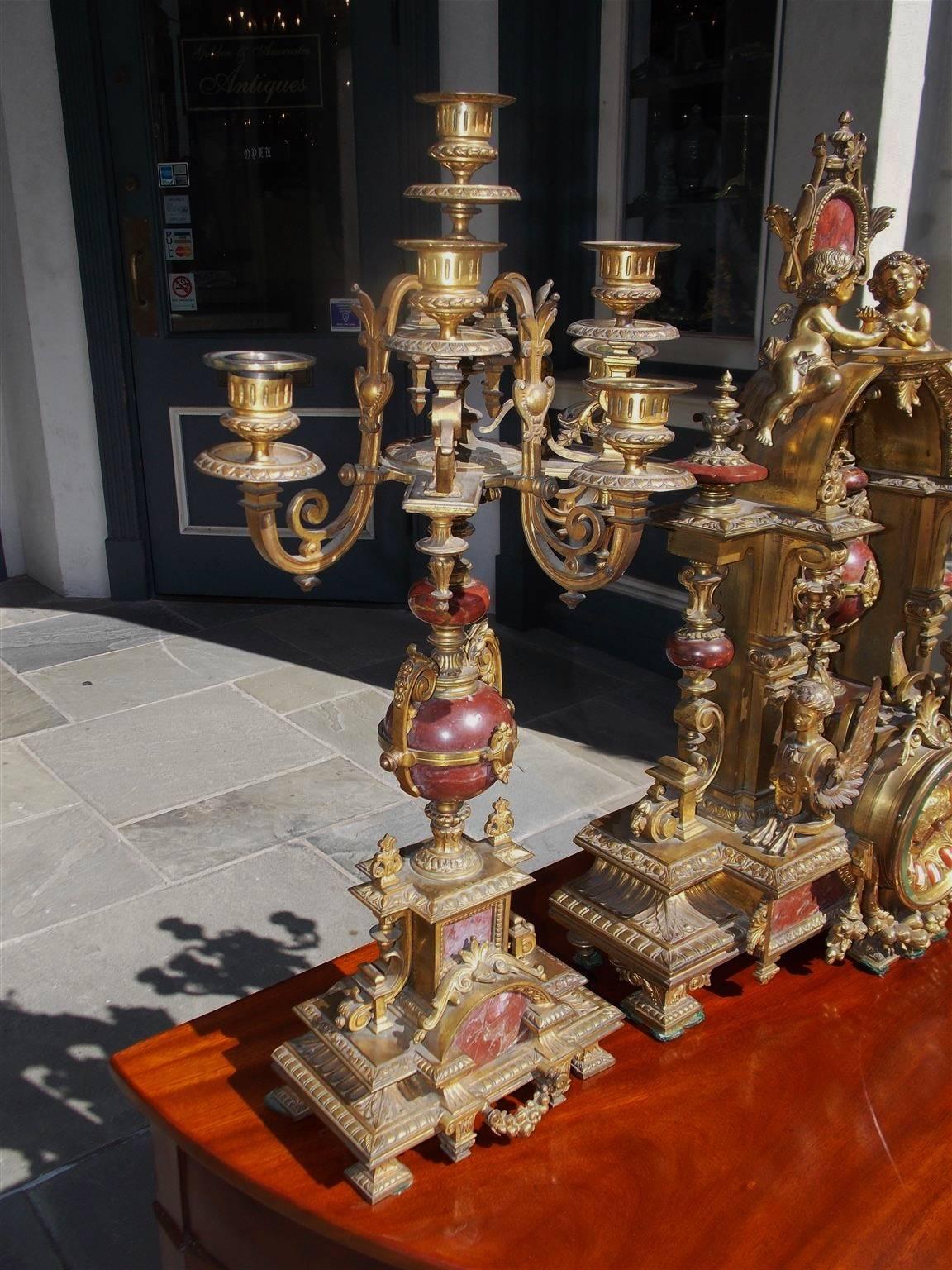 19th Century French Gilt  Bronze and Marble Clock Set For Sale