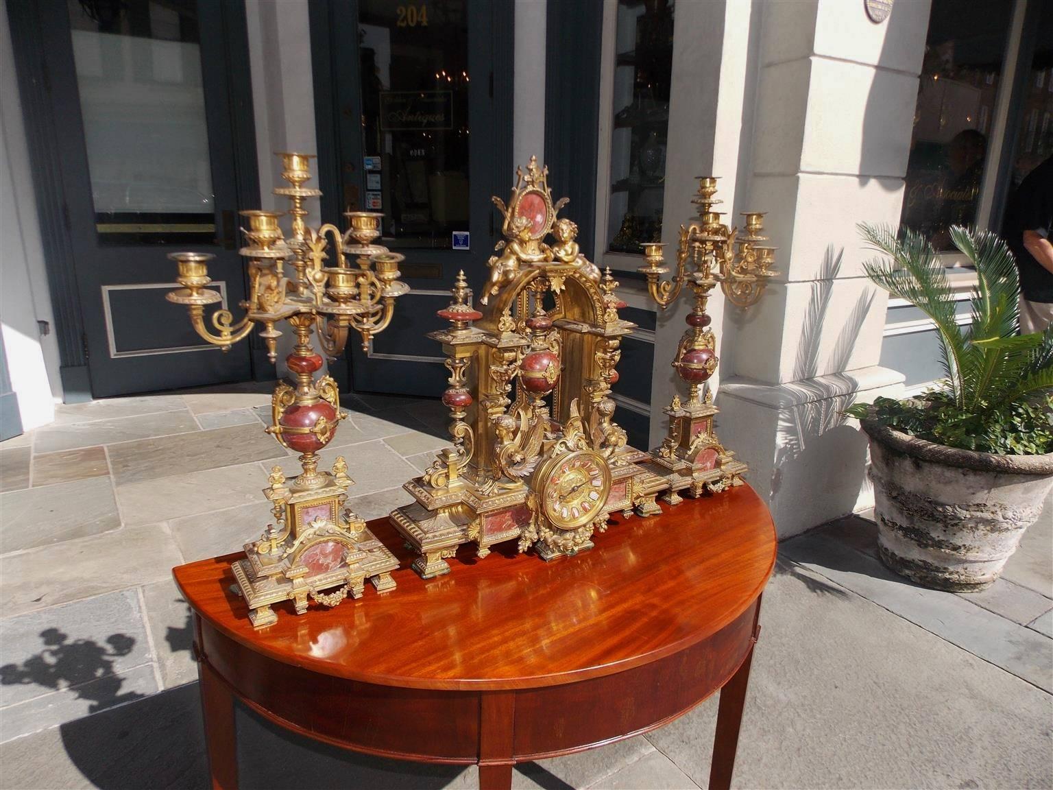 French Gilt  Bronze and Marble Clock Set In Excellent Condition For Sale In Hollywood, SC