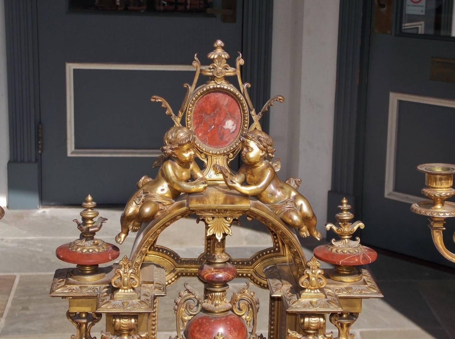 French Gilt  Bronze and Marble Clock Set For Sale 4
