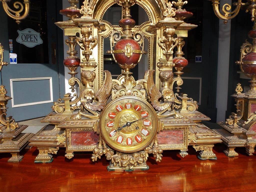 French Gilt  Bronze and Marble Clock Set For Sale 5
