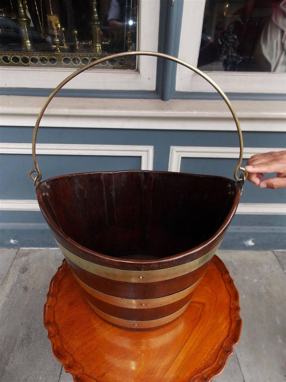 English Navette Form Mahogany Brass Banded Peat Bucket, Circa 1800 In Excellent Condition For Sale In Hollywood, SC