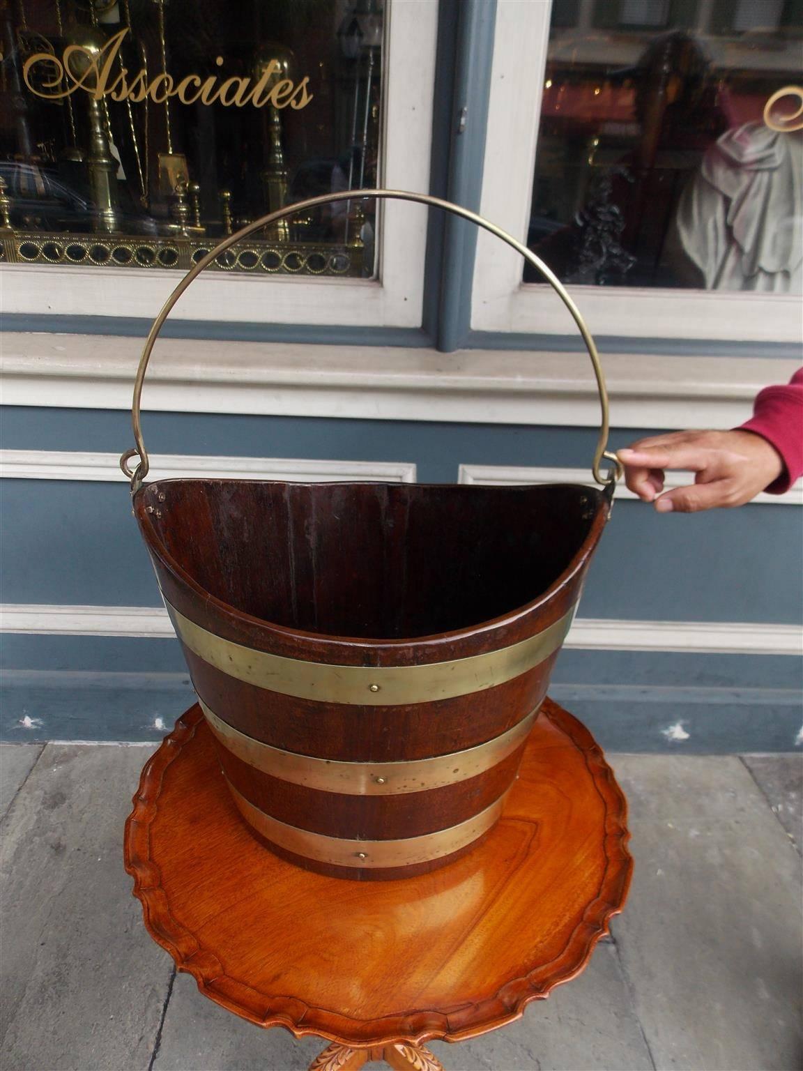 George III English Navette Form Mahogany Brass Banded Peat Bucket, Circa 1800 For Sale