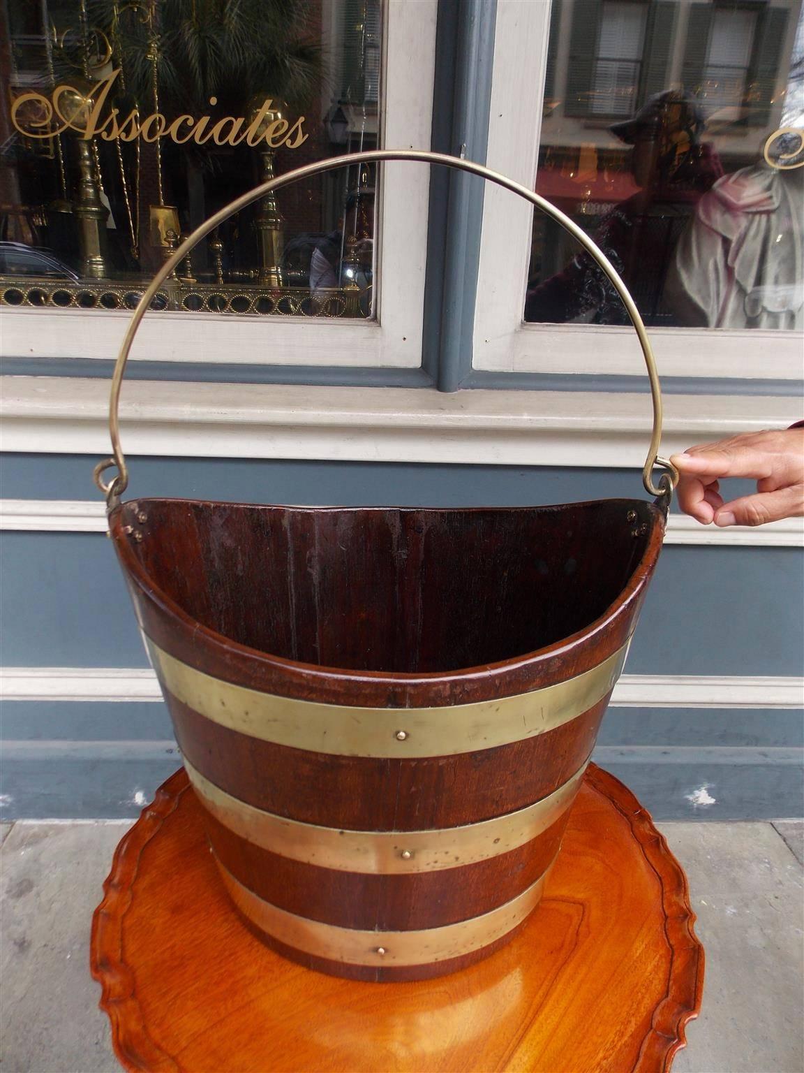 Cast English Navette Form Mahogany Brass Banded Peat Bucket, Circa 1800 For Sale