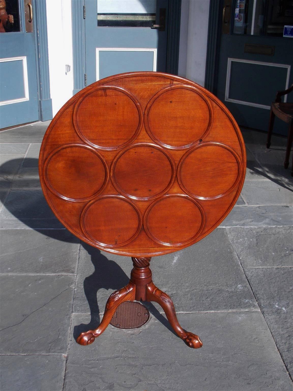 Hand-Carved American Chippendale Mahogany Tilt-Top Desert Table with Ball & Claw Feet C 1770 For Sale