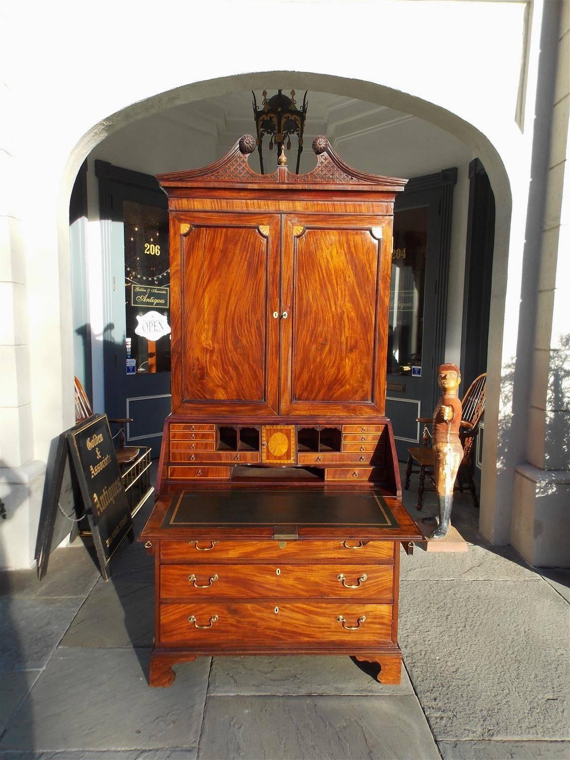 Hand-Carved English Mahogany Inlaid Blind Door Secretary With Bookcase. 18th Century