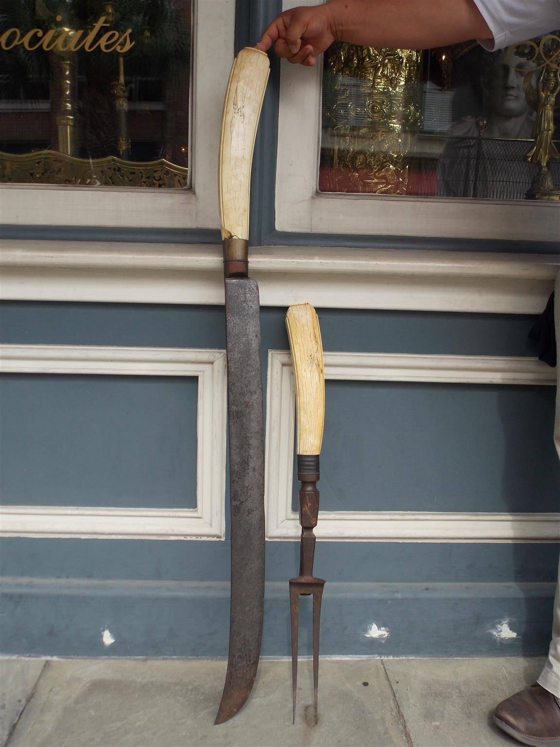 English monumental polished steel carving set with inlaid eagle bone handles depicting E. pluribus unum motto. Stamped with Hallmarks in Silver S.H. Samuel Harwood, Early 19th century. Dimensions are Knife 52.5 