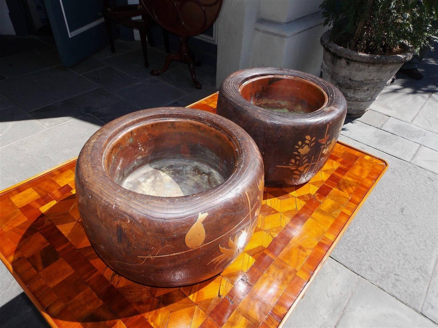 Hand-Carved Pair of Japanese Wood and Copper Lined Inlaid Braziers, Circa 1870