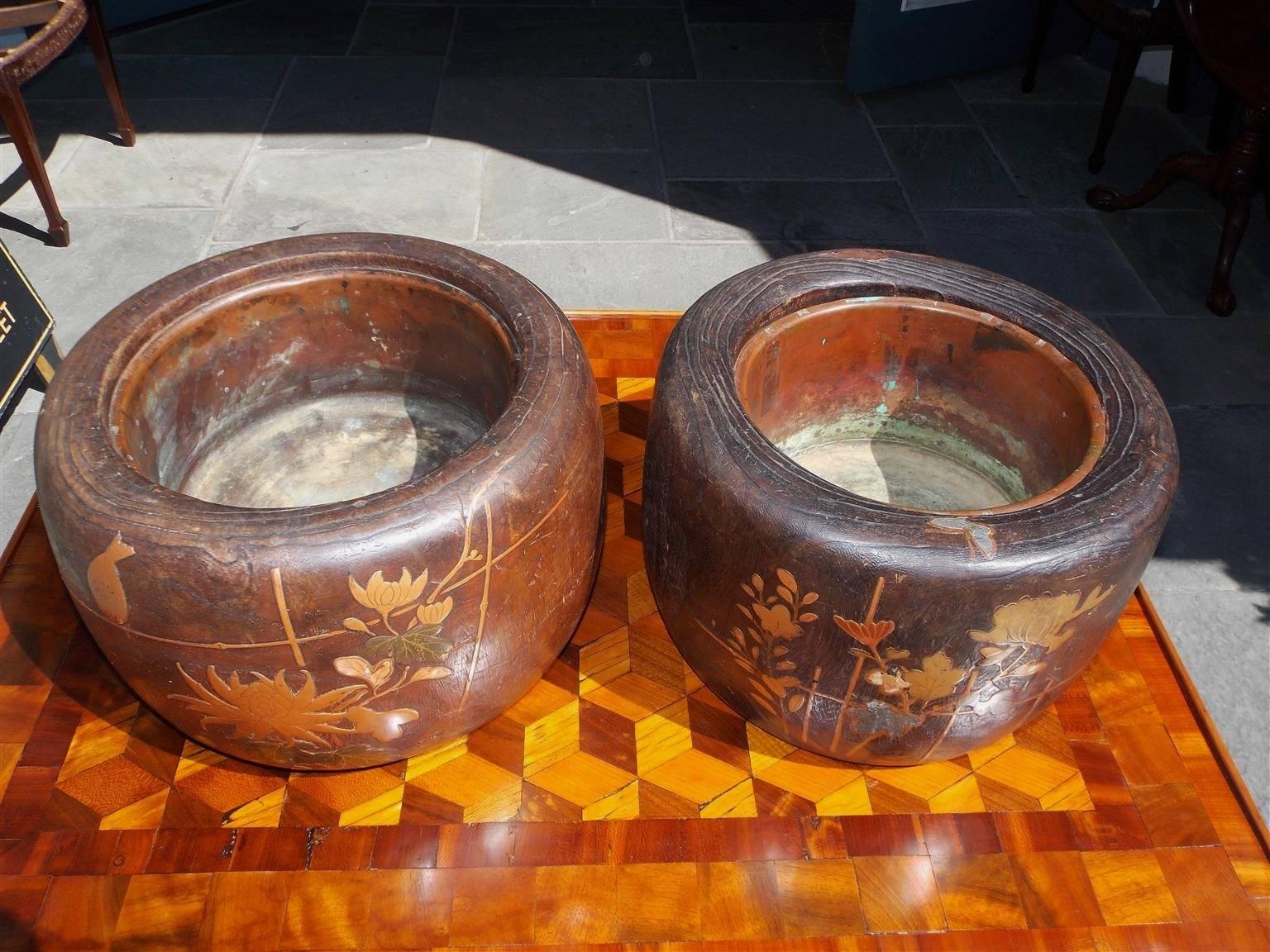 Late 19th Century Pair of Japanese Wood and Copper Lined Inlaid Braziers, Circa 1870