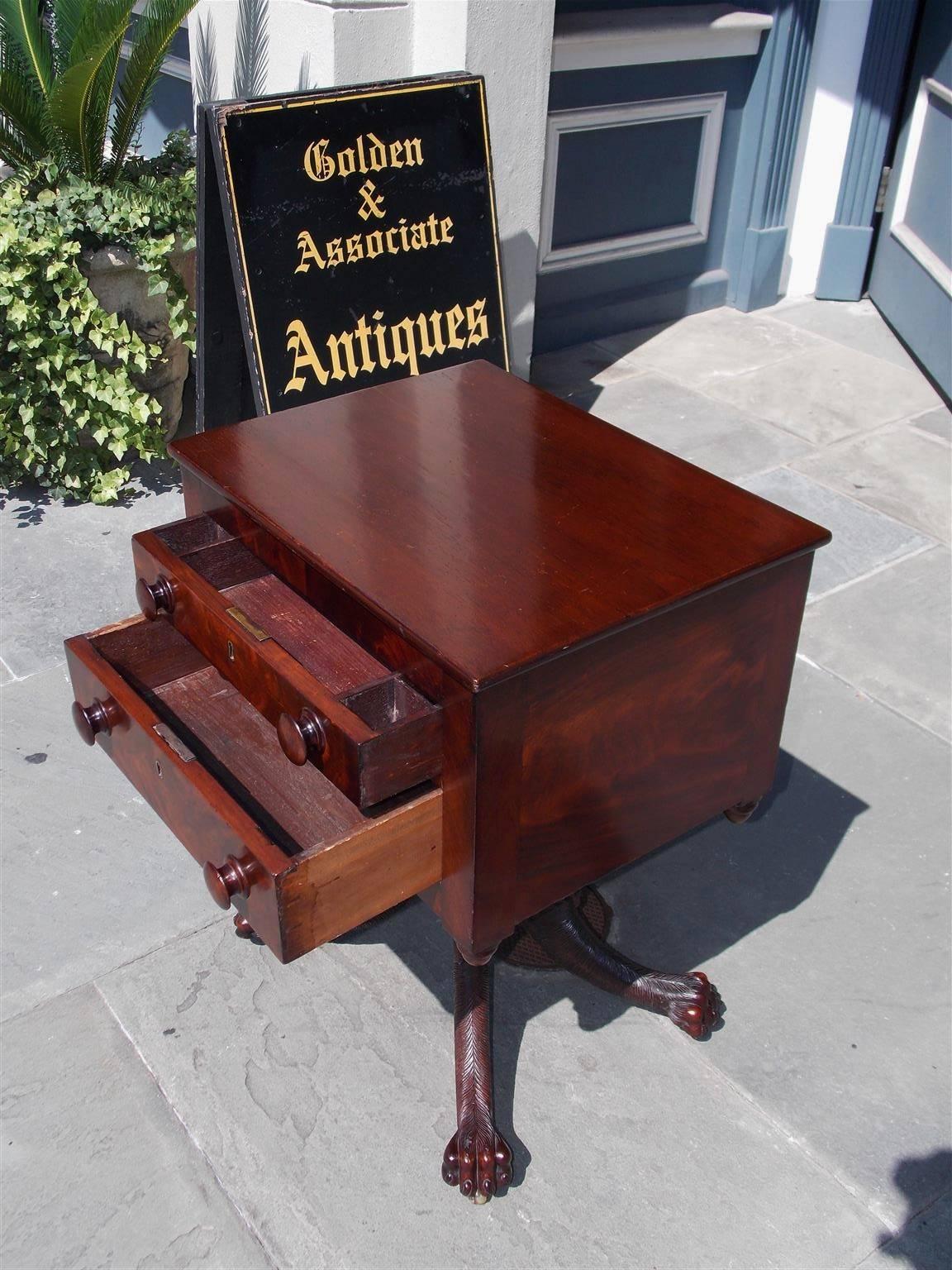 American Empire American Mahogany Two Drawer Acanthus Lions Paw Table.  Circa 1815