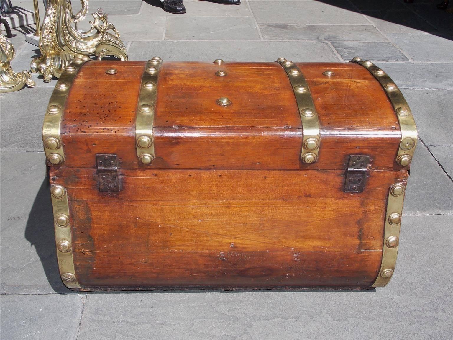 American White Pine Brass and Leather Mounted Traveling Trunk, Circa 1800 2