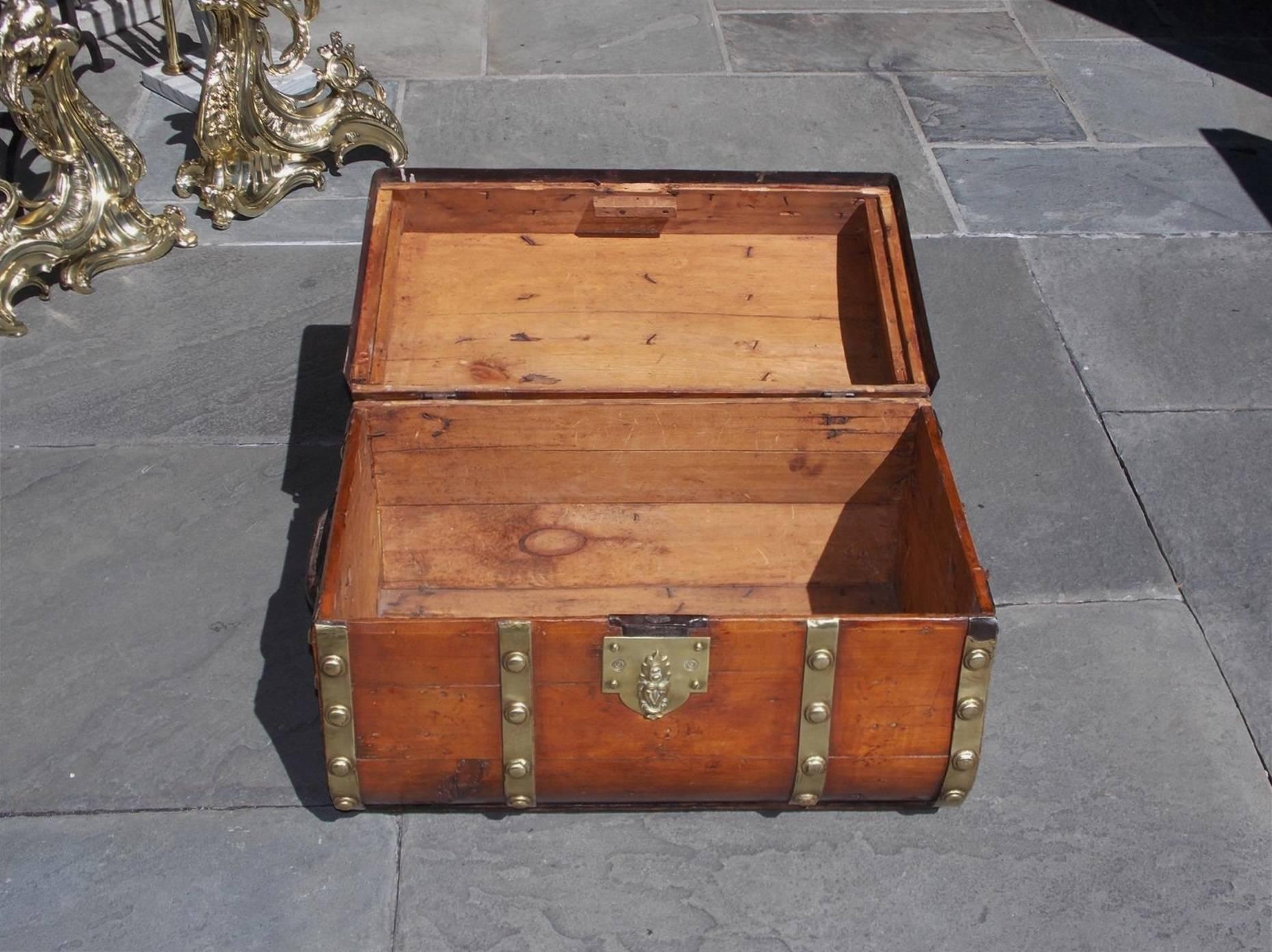 American White Pine Brass and Leather Mounted Traveling Trunk, Circa 1800 In Excellent Condition In Hollywood, SC