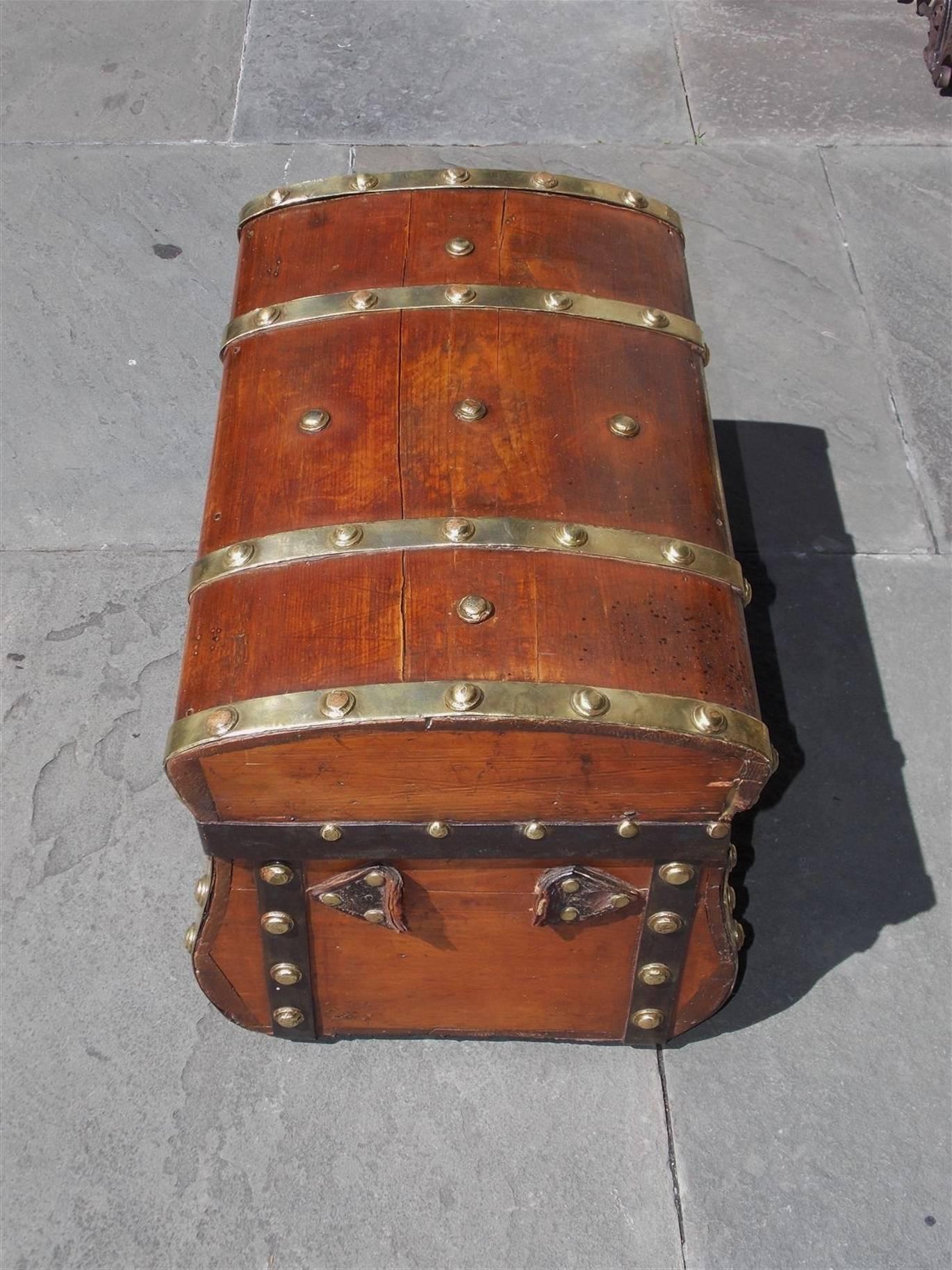 Hand-Carved American White Pine Brass and Leather Mounted Traveling Trunk, Circa 1800