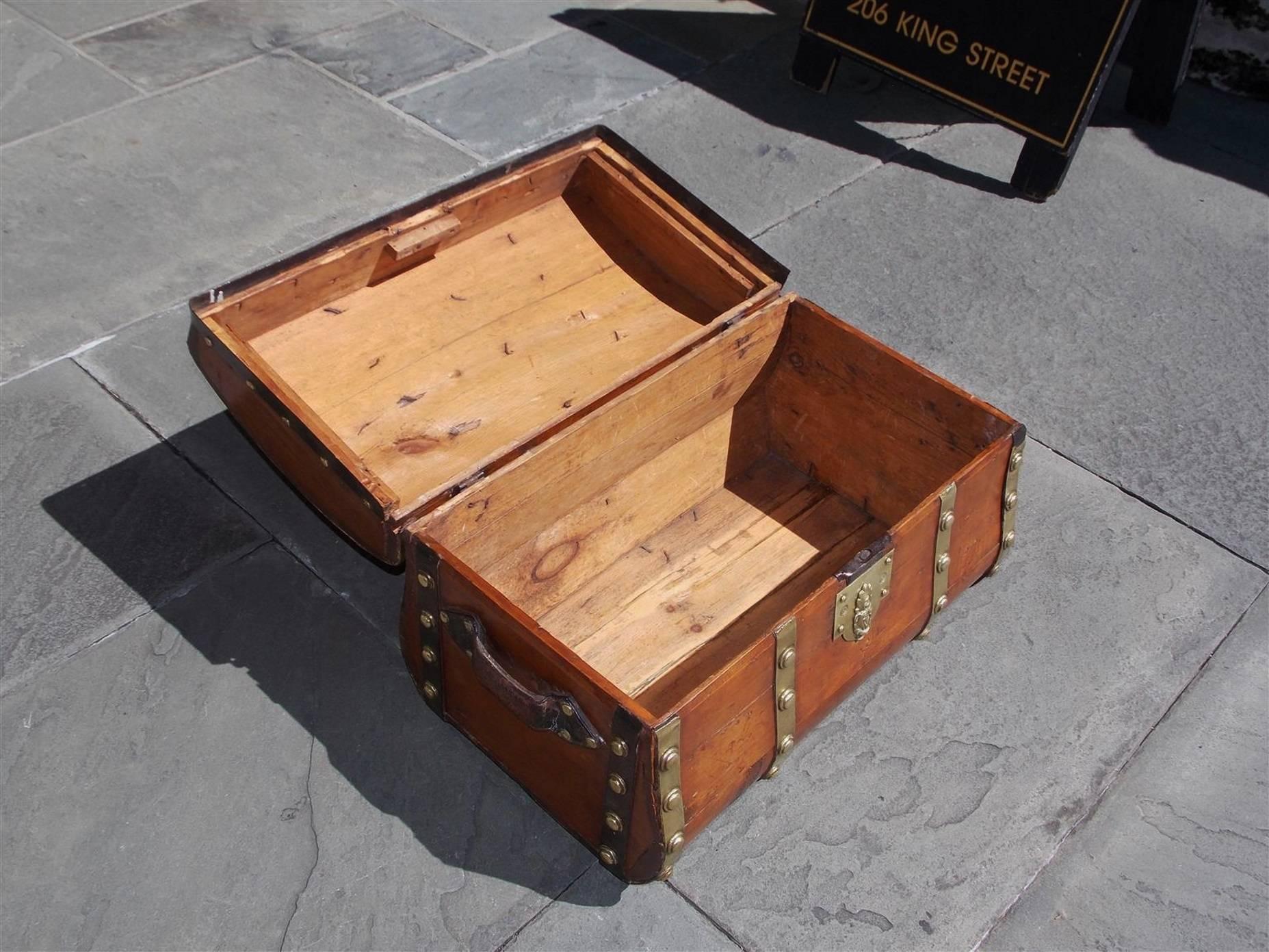 Early 19th Century American White Pine Brass and Leather Mounted Traveling Trunk, Circa 1800
