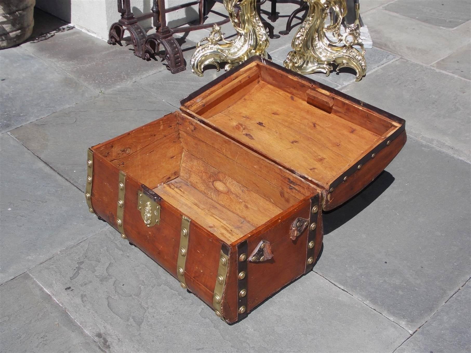 American White Pine Brass and Leather Mounted Traveling Trunk, Circa 1800 1