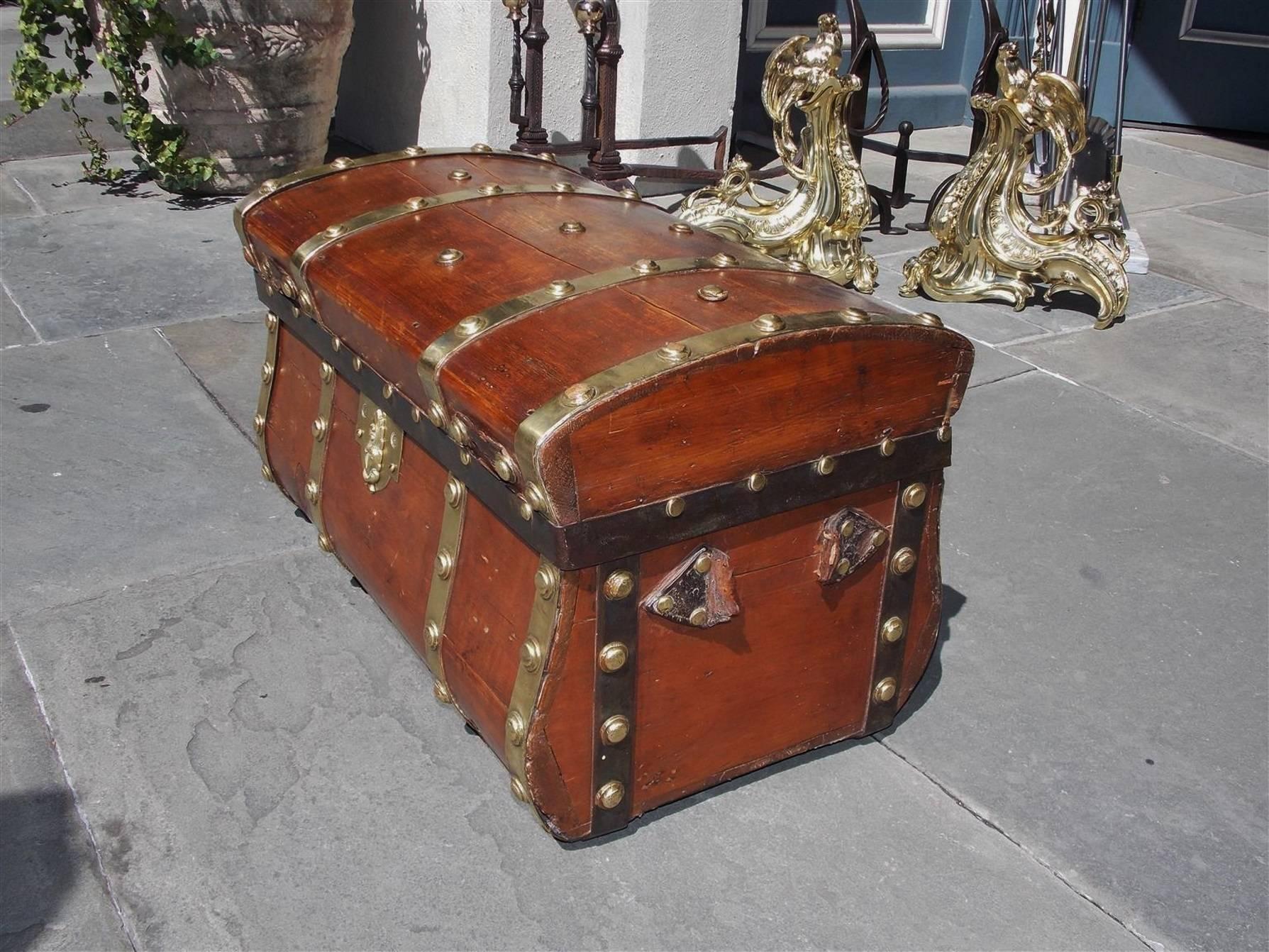 American Colonial American White Pine Brass and Leather Mounted Traveling Trunk, Circa 1800