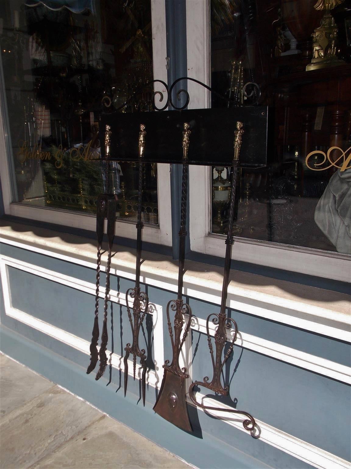 Neoclassical Set of Four Italian Brass and Wrought Iron Fire Tools on Bracket, Circa 1780 For Sale