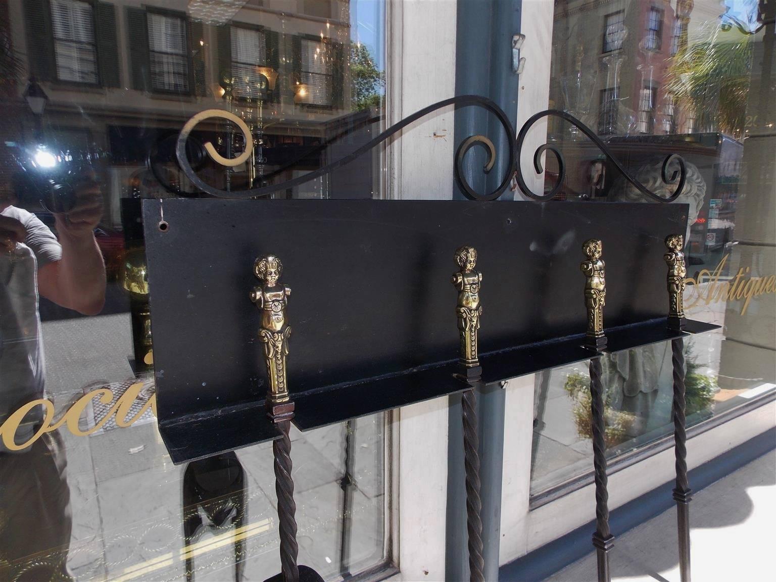 Set of Four Italian Brass and Wrought Iron Fire Tools on Bracket, Circa 1780 In Excellent Condition For Sale In Hollywood, SC
