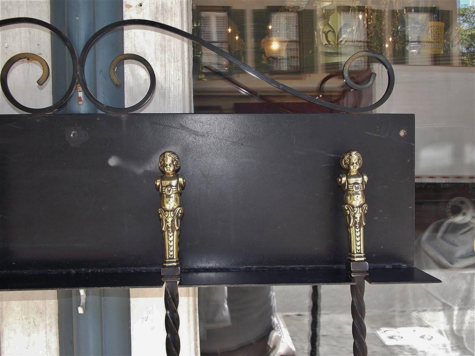 Set of Four Italian Brass and Wrought Iron Fire Tools on Bracket, Circa 1780 For Sale 2