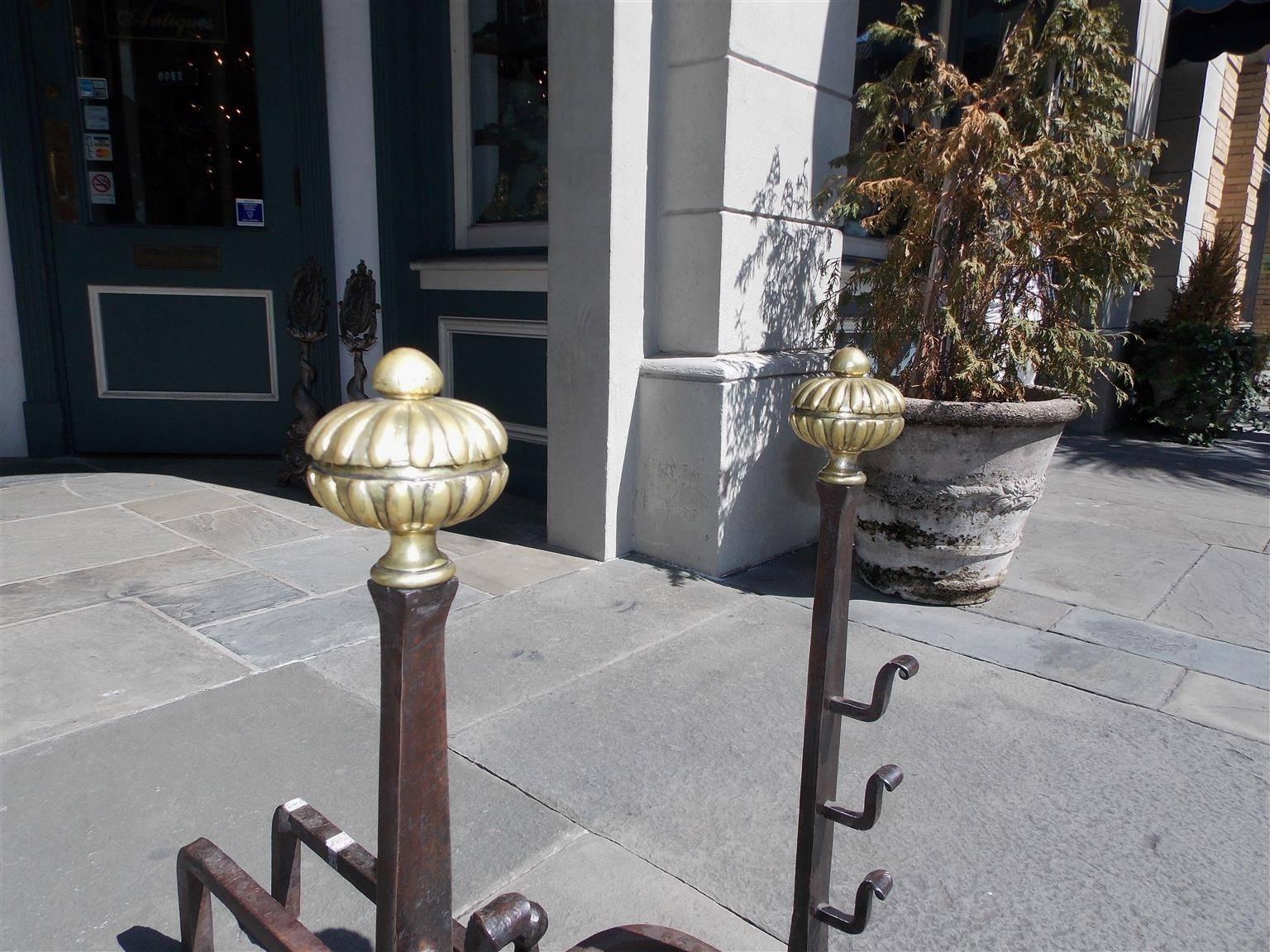Pair of English Wrought Iron and Brass Melon Top Andirons, Circa 1820 In Excellent Condition For Sale In Hollywood, SC