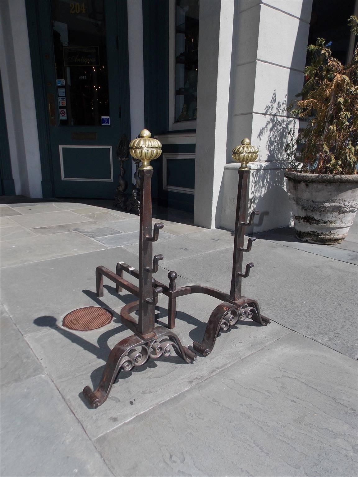 George III Pair of English Wrought Iron and Brass Melon Top Andirons, Circa 1820 For Sale