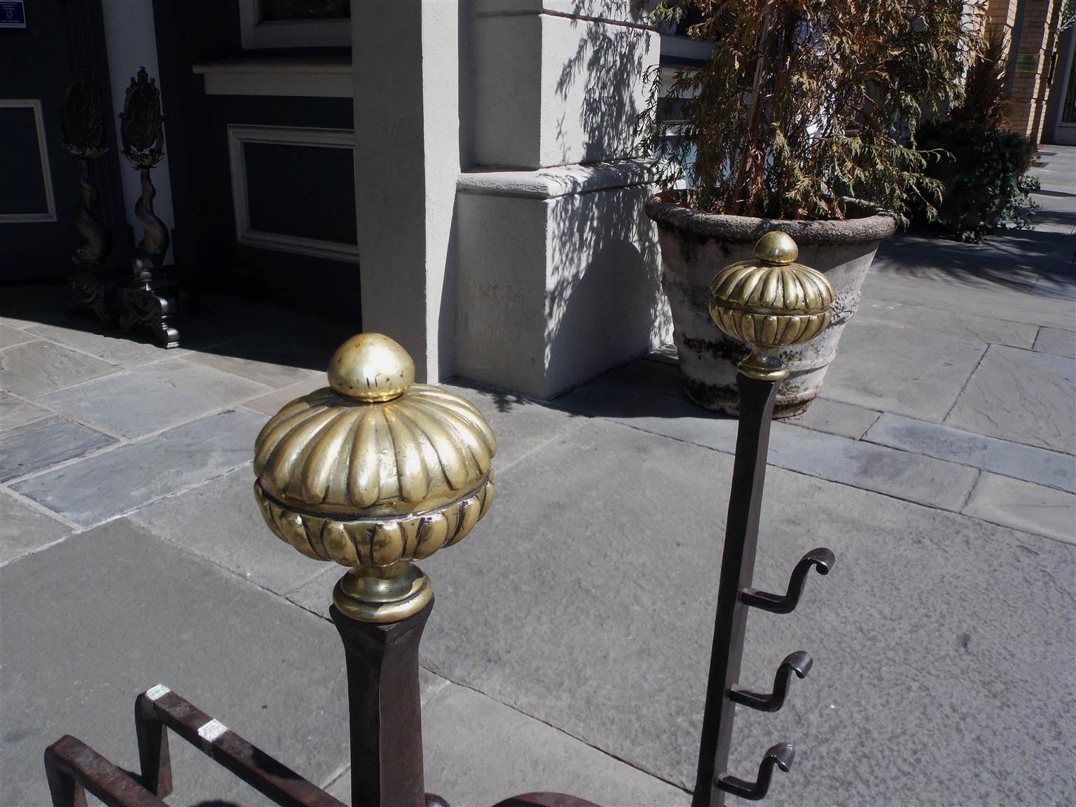 Early 19th Century Pair of English Wrought Iron and Brass Melon Top Andirons, Circa 1820 For Sale