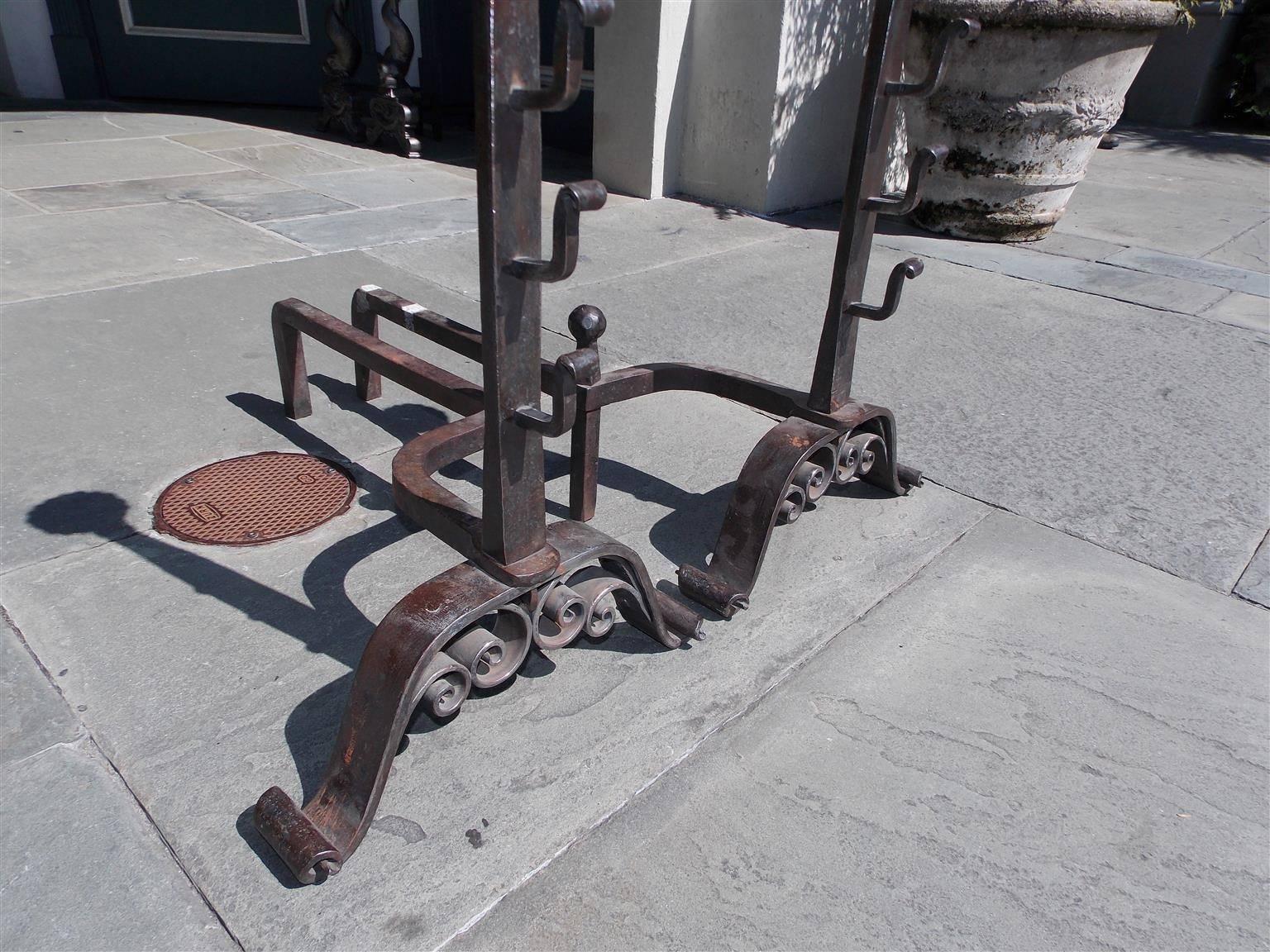 Pair of English Wrought Iron and Brass Melon Top Andirons, Circa 1820 For Sale 2