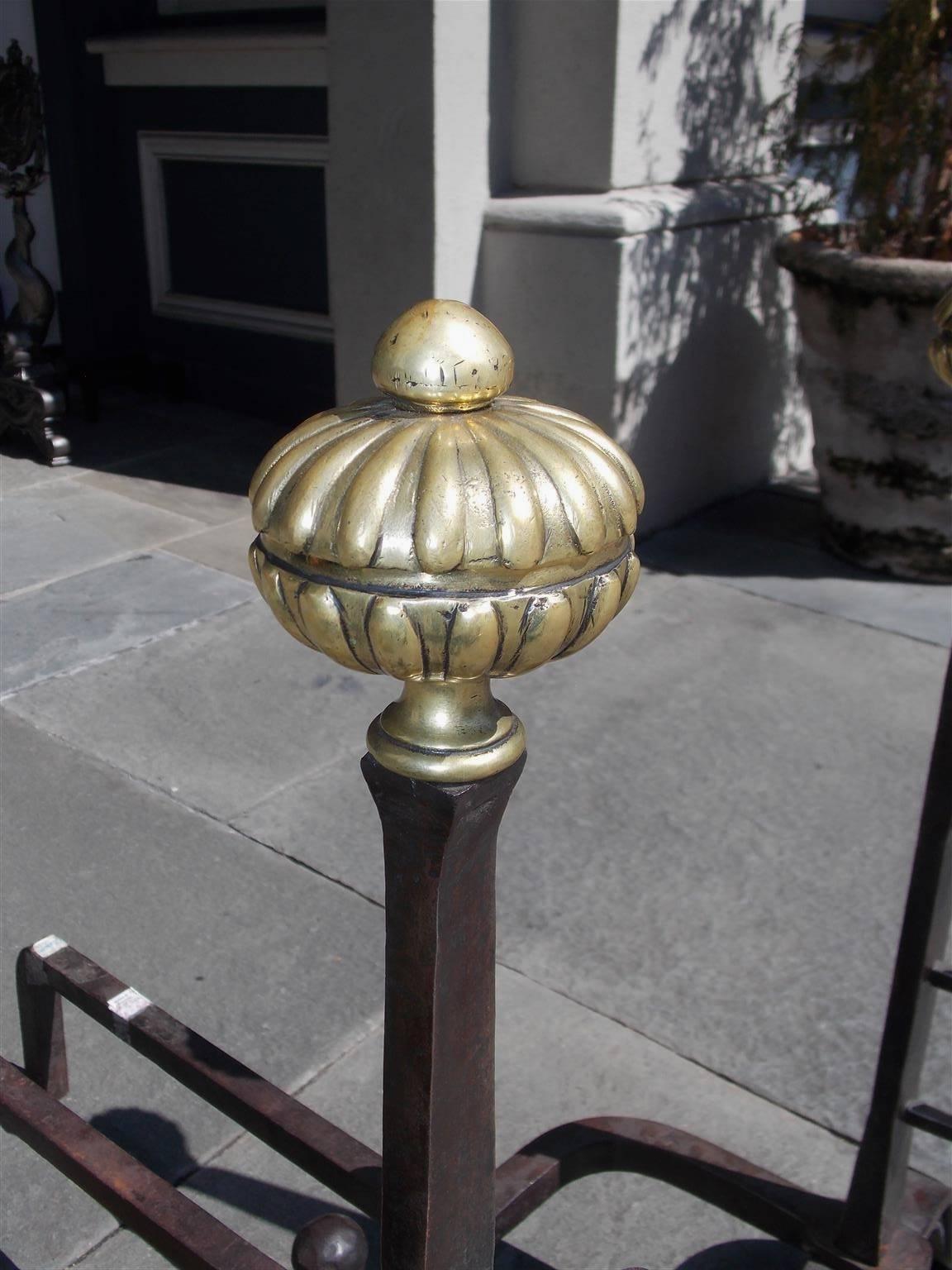 Pair of English Wrought Iron and Brass Melon Top Andirons, Circa 1820 For Sale 1