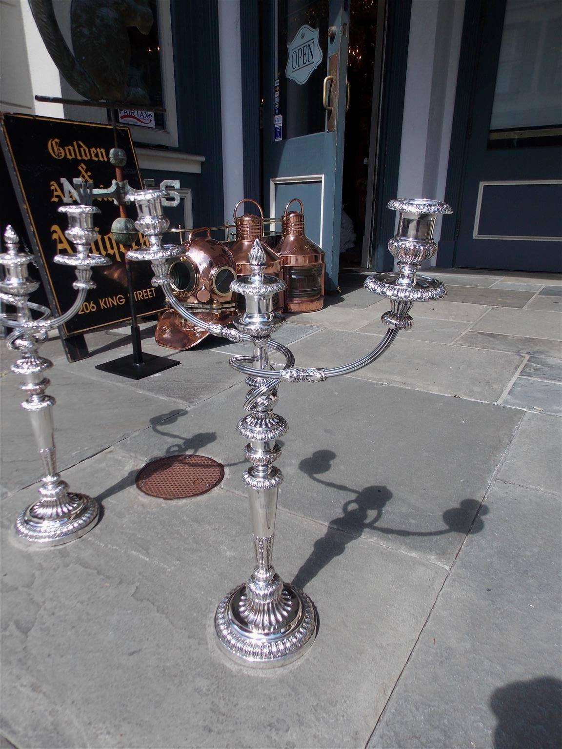 Sheffield Plate Pair of English Regency Three-Light Candelabras. Matthew Boulton, Circa 1820