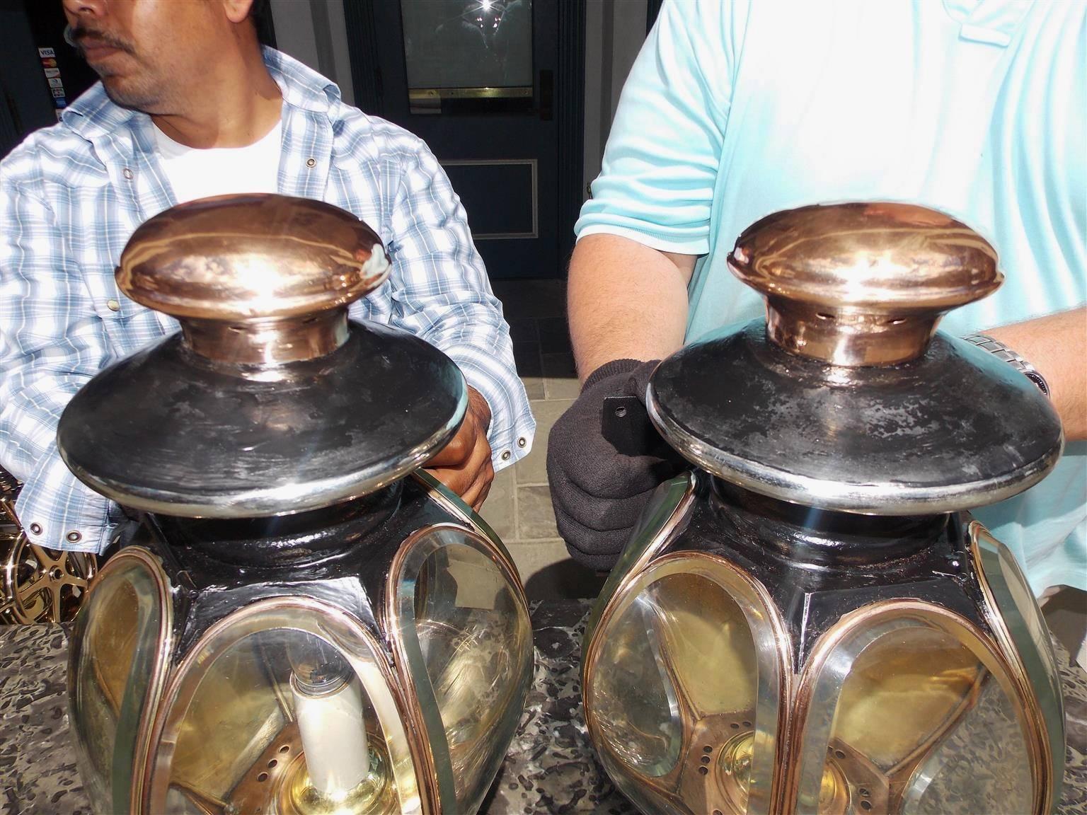 Hand-Crafted Pair of American Nickel Silver and Copper Coach Lanterns, New Haven, Circa 1860