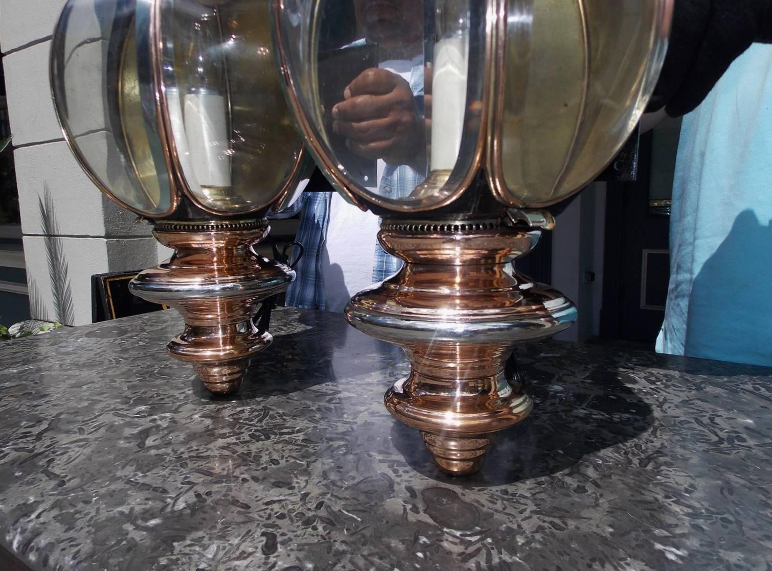 Pair of American Nickel Silver and Copper Coach Lanterns, New Haven, Circa 1860 In Excellent Condition In Hollywood, SC