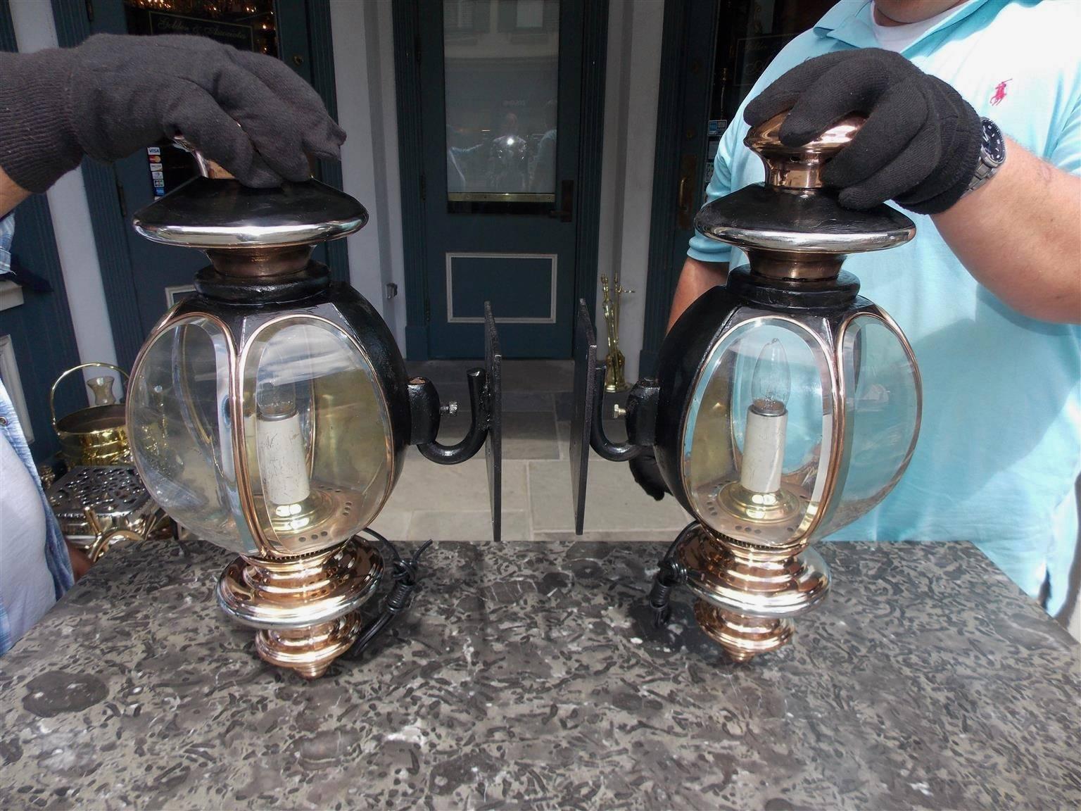 Mid-19th Century Pair of American Nickel Silver and Copper Coach Lanterns, New Haven, Circa 1860