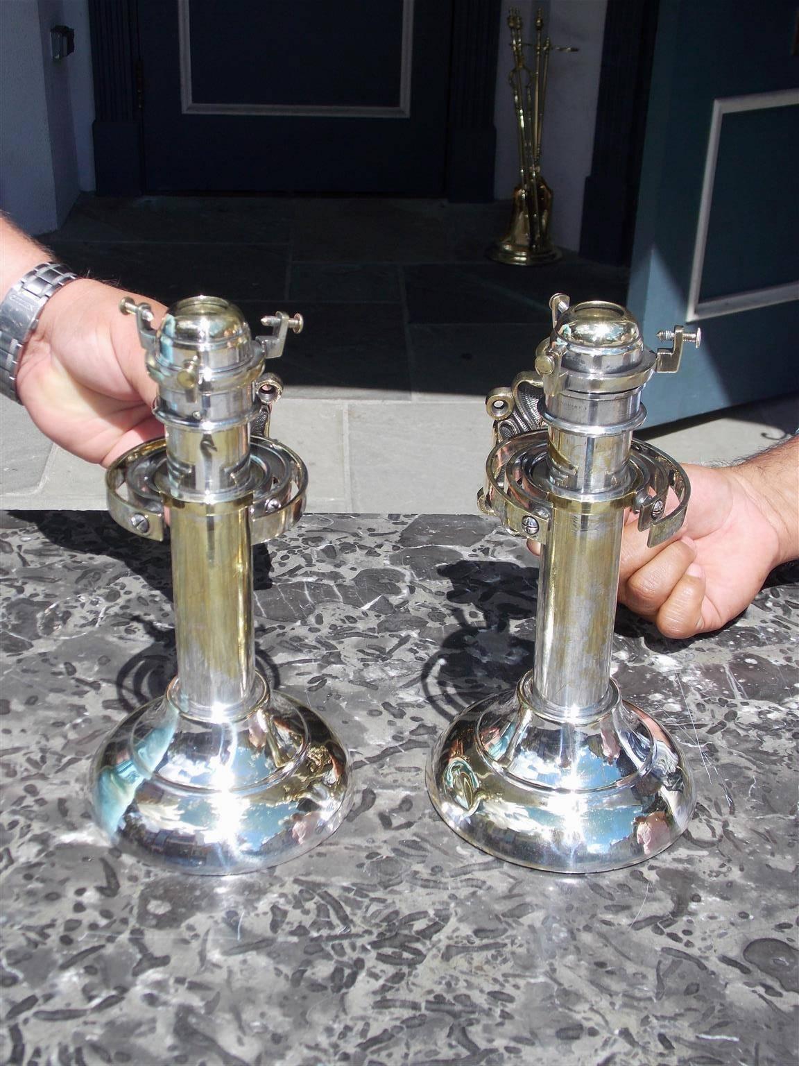 Mid-19th Century Pair of American Nautical Gimbaled Nickel Silver & Brass Wall Sconces, C. 1850 For Sale