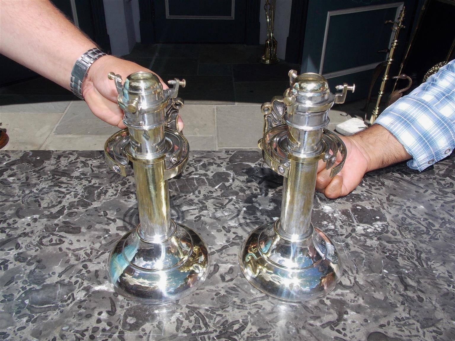 Pair of American Nautical Gimbaled Nickel Silver & Brass Wall Sconces, C. 1850 For Sale 3