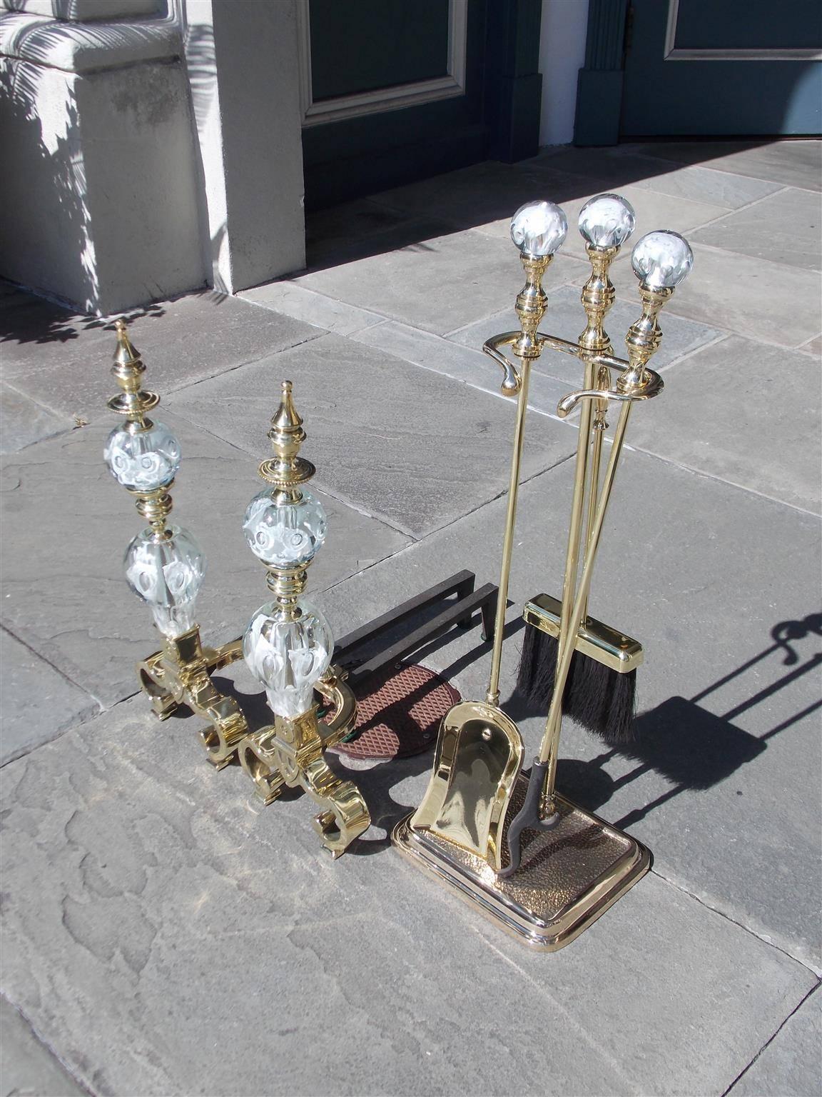 Arts and Crafts Set of American Brass and Crystal St. Clair Andirons with Tool Set, Circa 1900
