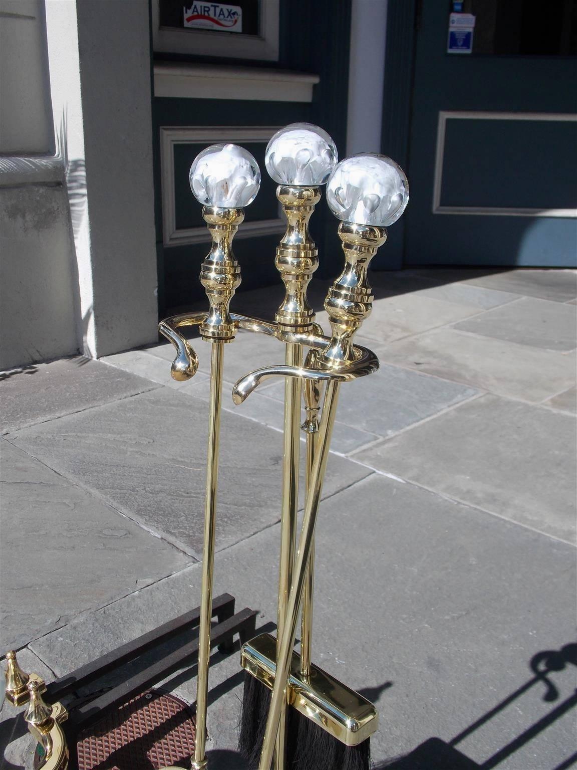 Hand-Crafted Set of American Brass and Crystal St. Clair Andirons with Tool Set, Circa 1900