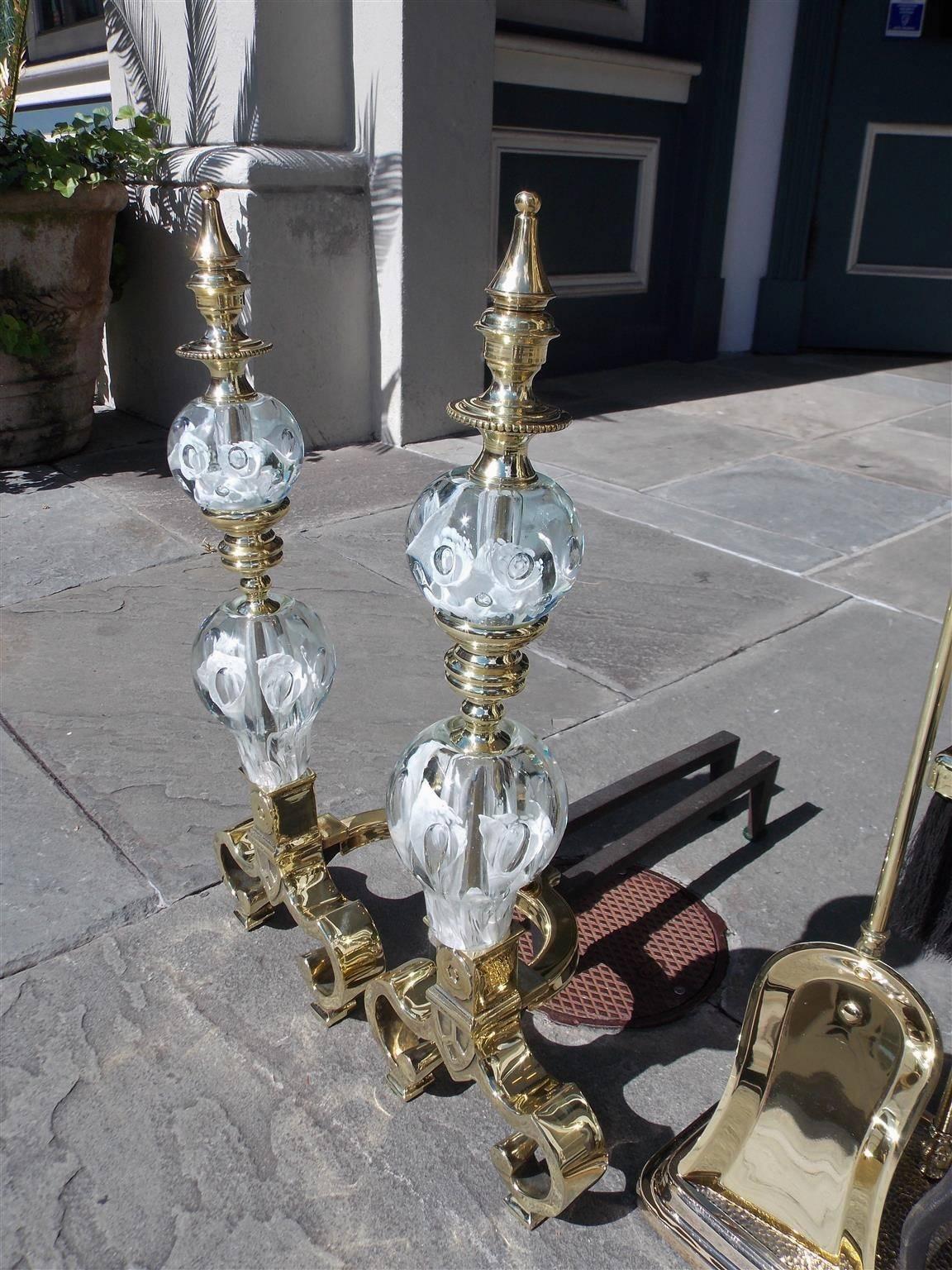 Early 20th Century Set of American Brass and Crystal St. Clair Andirons with Tool Set, Circa 1900