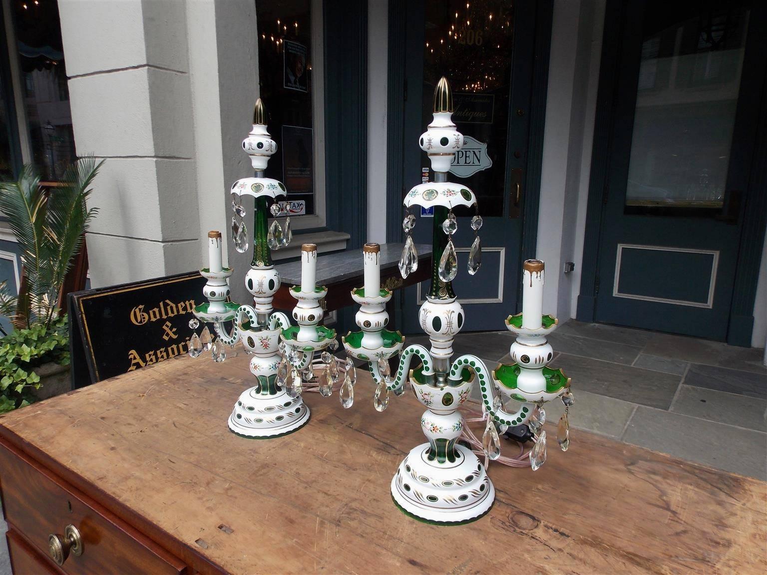 Czech Pair of Bohemian Emerald Green Crystal and Glass Floral Table Lamps, Circa 1900 For Sale