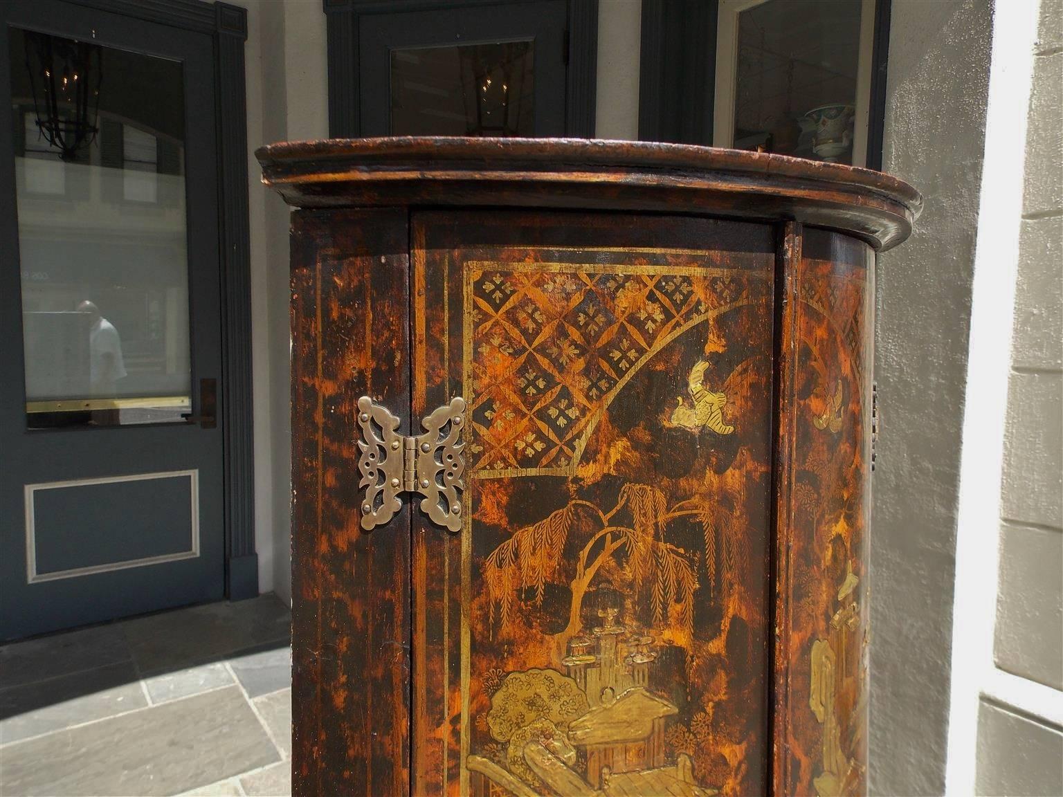 Hand-Carved English Chinoiserie Figural and Landscape Hanging Corner Cupboard, Circa 1770 For Sale