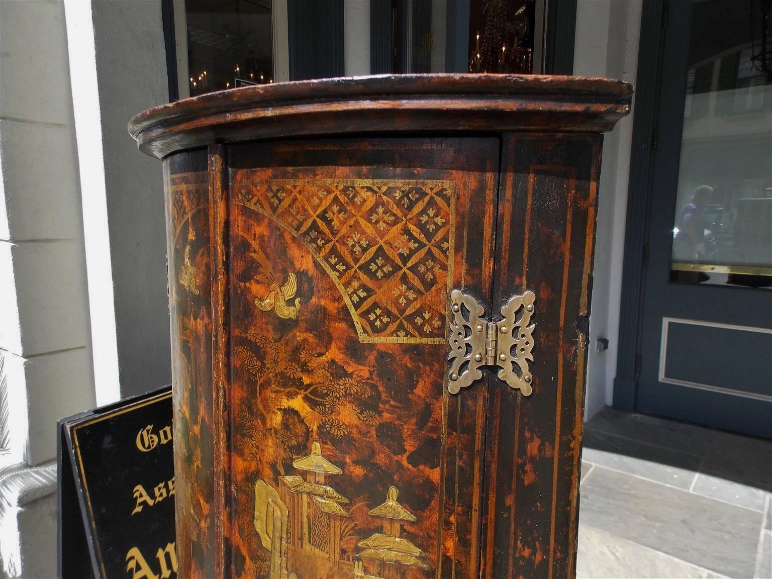 English Chinoiserie Figural and Landscape Hanging Corner Cupboard, Circa 1770 In Excellent Condition For Sale In Hollywood, SC