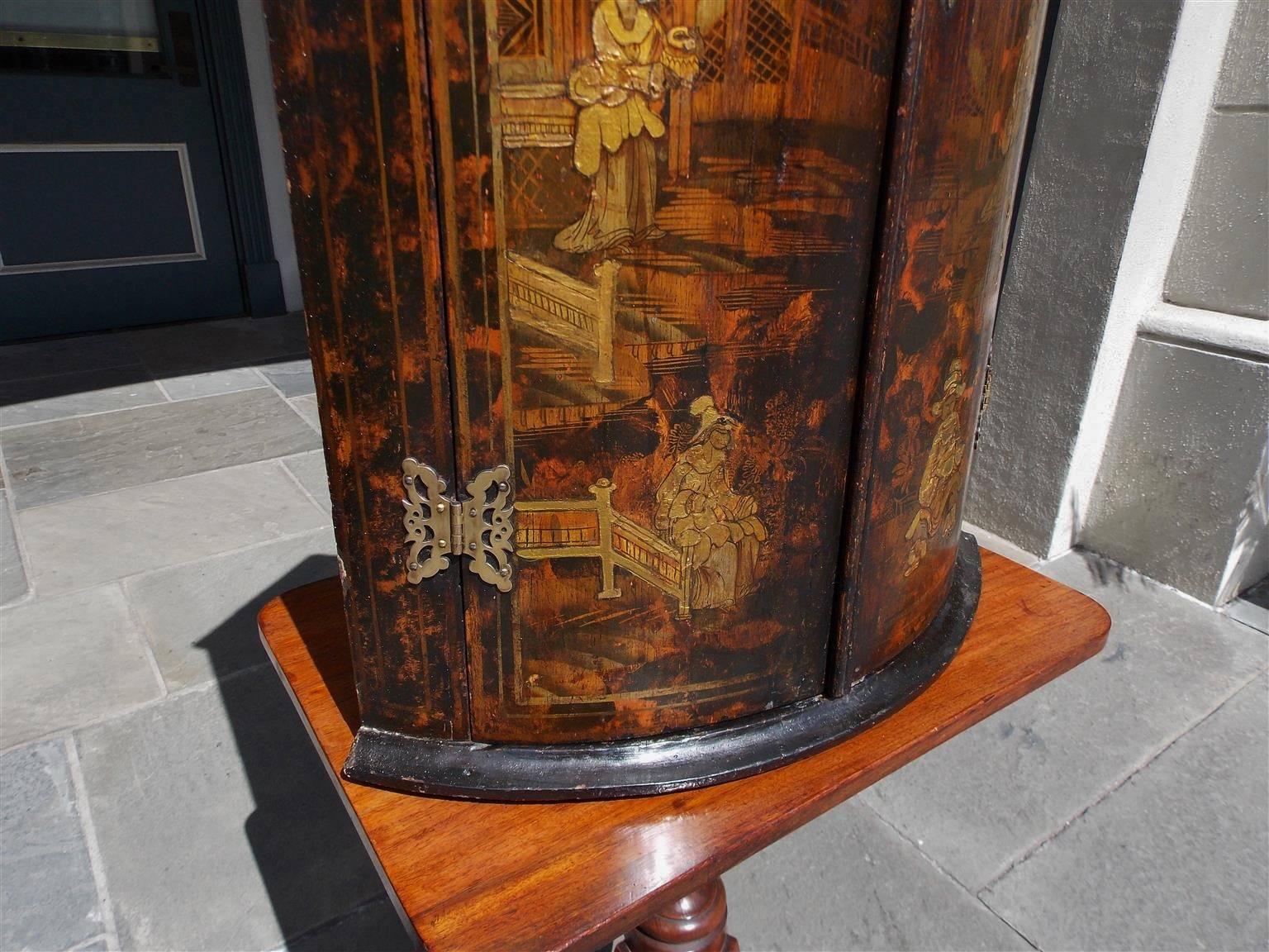 Late 18th Century English Chinoiserie Figural and Landscape Hanging Corner Cupboard, Circa 1770 For Sale