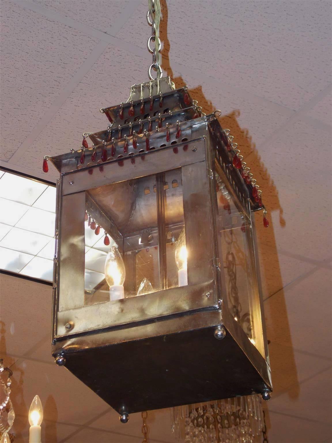 Hand-Crafted French Tin and Silver Hand-Painted Pagoda Hanging Lantern, Circa 1850 For Sale