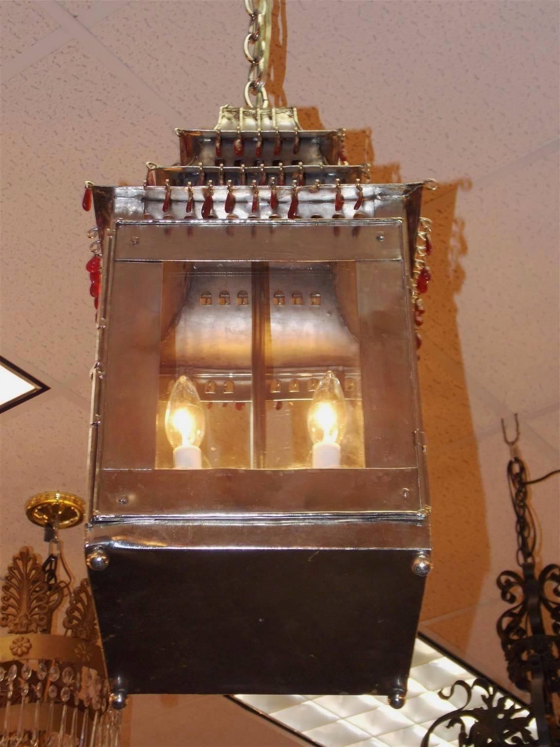 French Tin and Silver Hand-Painted Pagoda Hanging Lantern, Circa 1850 In Excellent Condition For Sale In Hollywood, SC