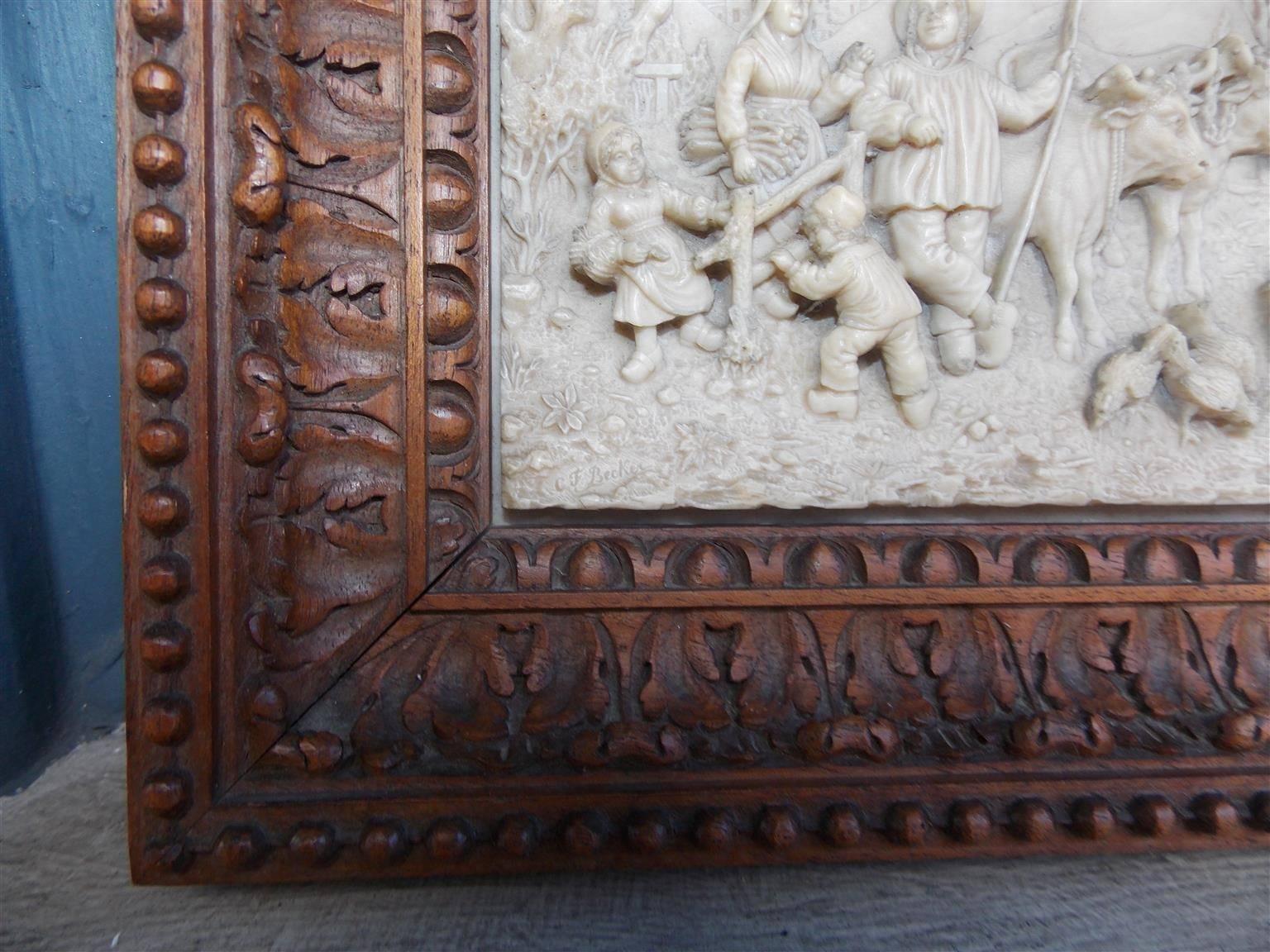Pair of Dutch Soapstone Figural Reliefs in Original Walnut Frames, Circa 1900 In Excellent Condition In Hollywood, SC
