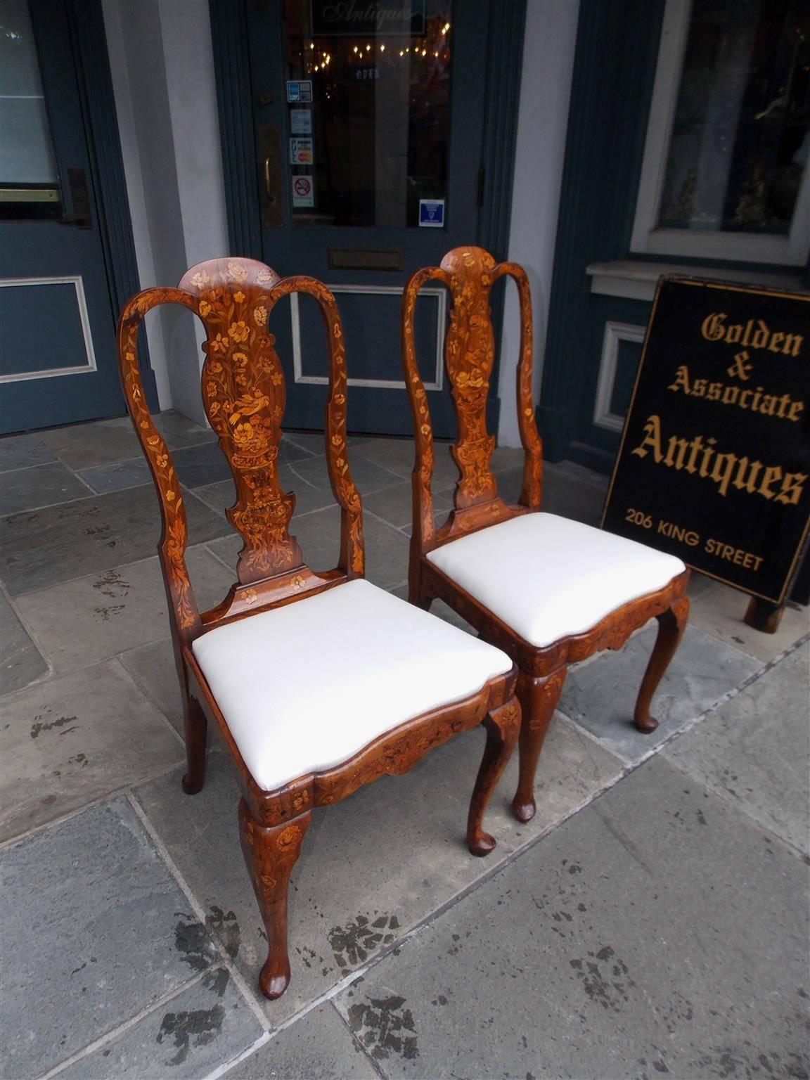 Hand-Carved Pair of English Queen Anne Walnut Marquetry Upholstered Side Chairs, Circa 1740